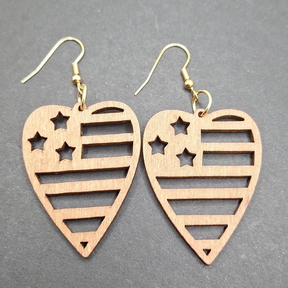 Heart american flag earrings wood Bohemian jewelry